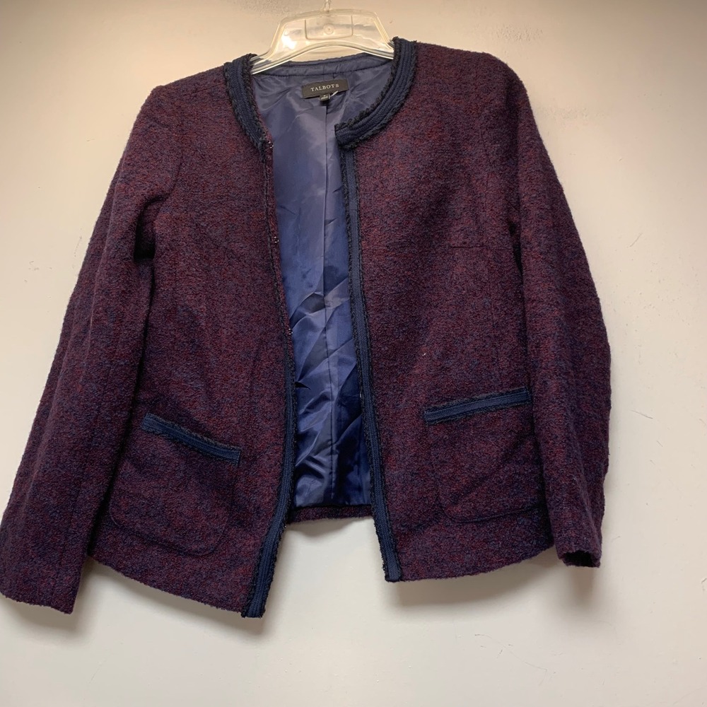 Talbots Boucle Jacket Women 6 Burgundy Excellent Wool Blend Fringe Open Front